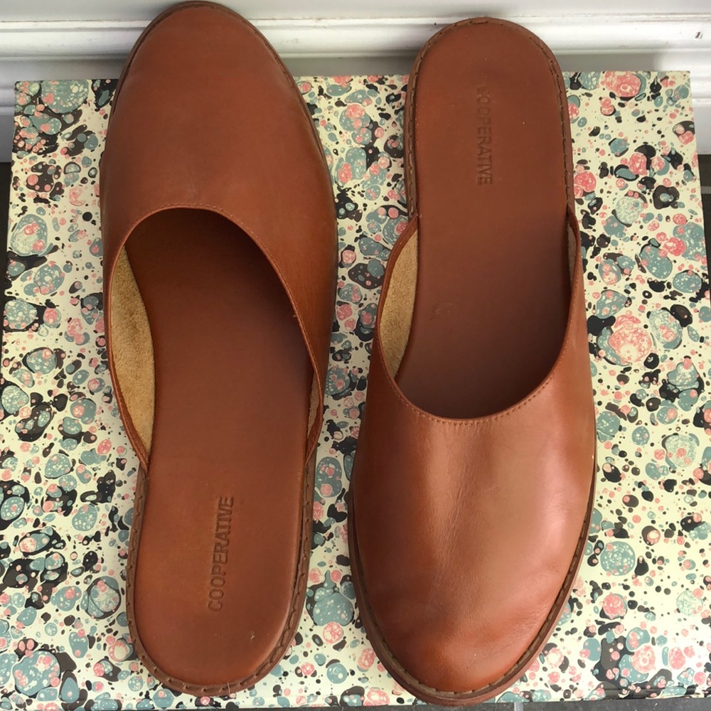 Cooperative Tan Leather Slides